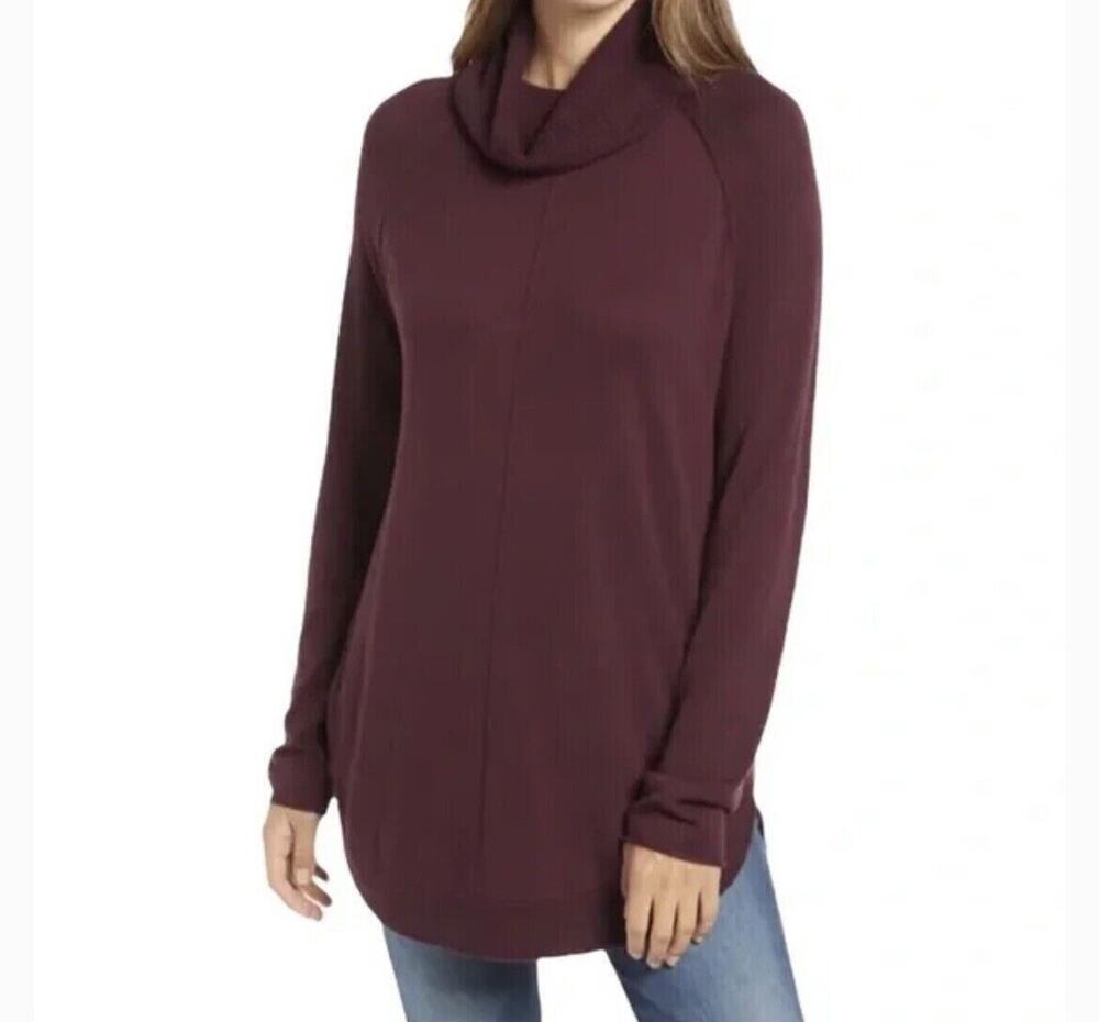 Caslon SMALL Turtleneck Sweater Tunic Top Burgundy Side Slits Soft Stretch NWT